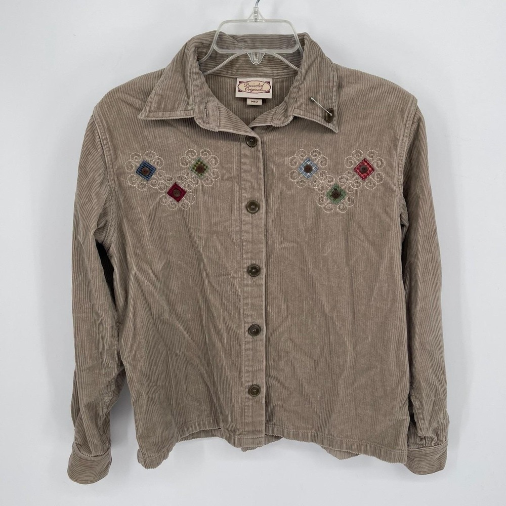 Decorated Originals Y2K Women's Taupe Tan Embroidered Corduroy Shirt Jacket Sz M